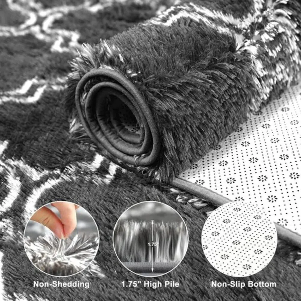 New 5x7 Shag Area Rug, Extra Soft High Pile Geometric Carpet in Dark Grey/White